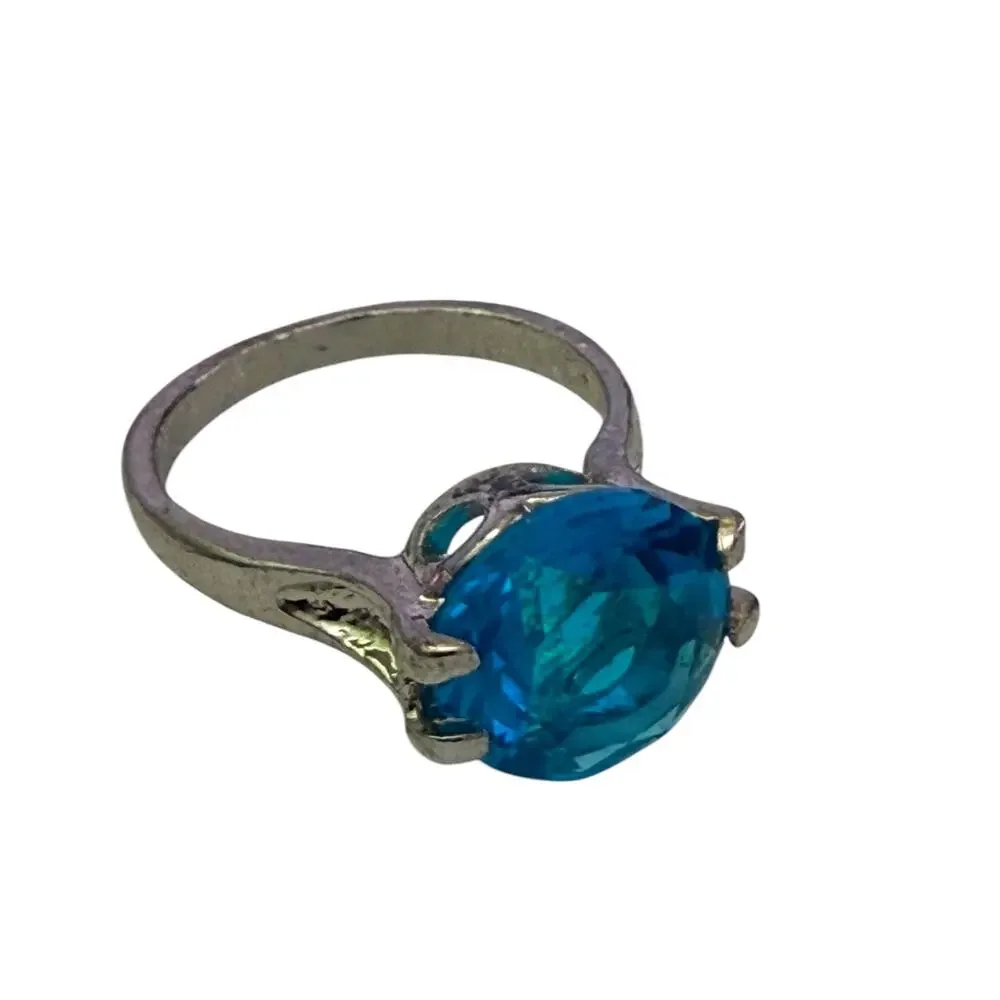 Blue Unique Solitaire Stone Silver Ring Size 9